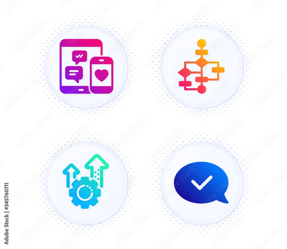 Seo gear, Block diagram and Social media icons simple set. Button with halftone dots. Approved message sign. Cogwheel, Algorithm path, Mobile devices. Accepted chat. Business set. Vector Seo gear, Block diagram and Social media icons simple set. Button with halftone dots. Approved message sign. Cogwheel, Algorithm path, Mobile devices. Accepted chat. Business set. Vector