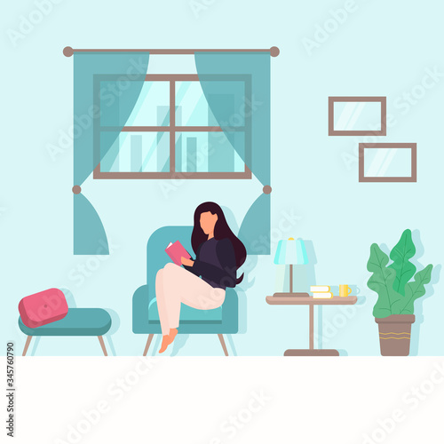 The girl is sitting in a chair and reading a book. Flat cartoon style. Vector. The concept of staying at home.