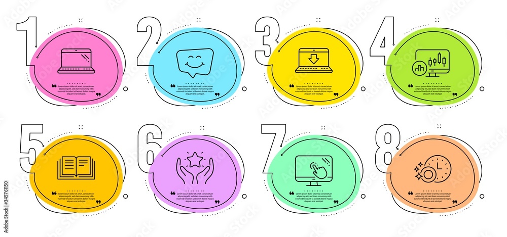 Laptop, Candlestick chart and Touch screen signs. Timeline steps infographic. Ranking, Education and Smile chat line icons set. Dishwasher timer, Internet downloading symbols. Vector Laptop, Candlestick chart and Touch screen signs. Timeline steps infographic. Ranking, Education and Smile chat line icons set. Dishwasher timer, Internet downloading symbols. Vector