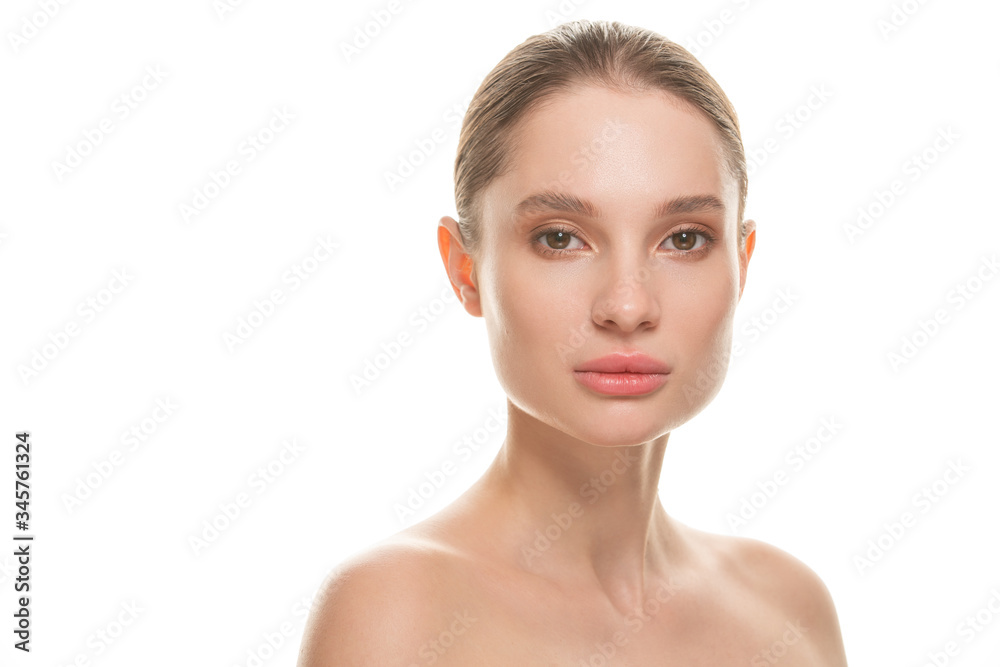 Woman beauty face portrait isolated on white with healthy skin Woman beauty face portrait isolated on white with healthy skin