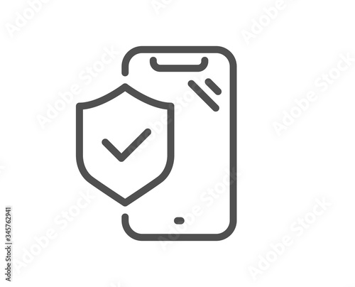 Phone insurance hand line icon. Risk coverage sign. Device protection symbol. Quality design element. Editable stroke. Linear style phone insurance icon. Vector