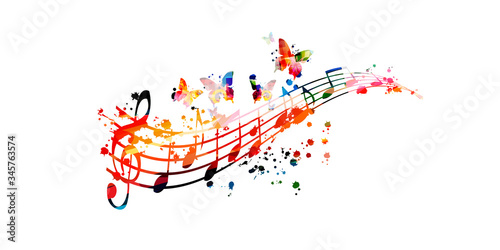 Colorful music promotional poster with G-clef and music notes isolated vector illustration. Artistic abstract background with music staff for music show, live concert events, party flyer template