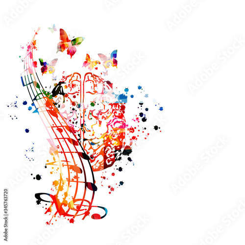 Colorful music promotional poster with brain and music notes isolated vector illustration. Artistic abstract background with music staff for creativity in music and composing