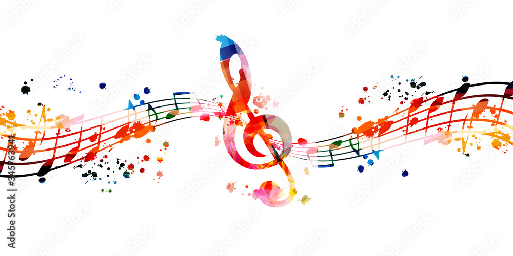 Naklejka premium Colorful music promotional poster with G-clef and music notes isolated vector illustration. Artistic abstract background with music staff for music show, live concert events, party flyer template