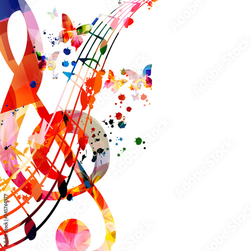 Colorful music promotional poster with G-clef and music notes isolated vector illustration. Artistic abstract background with music staff for music show, live concert events, party flyer template