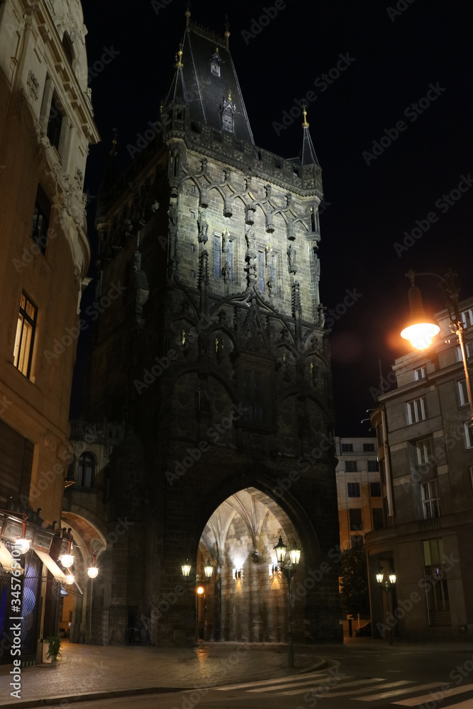 Powder tower in Prague on the background of the night sky