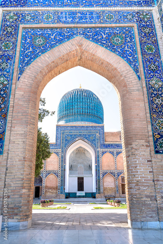 The main entrance gate of the old ancient uzbek tomb - Amir Temur maqbarasi, Go‘ri Amir in Uzbekistan.