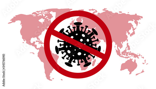 Stop coronavirus in world. Banner of forbidden virus on map. Black viral microbe covid19 in red circle. Quarantine, antiviral concept. Attention epidemic, virus sign. Corona virus silhouette. vector.