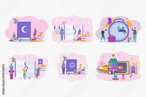 Set illustrations. The pastor conducts online service to God. Online sermon system, the concept of studying the word of God. Personal blog of a pastor or priest. Colorful vector illustration.