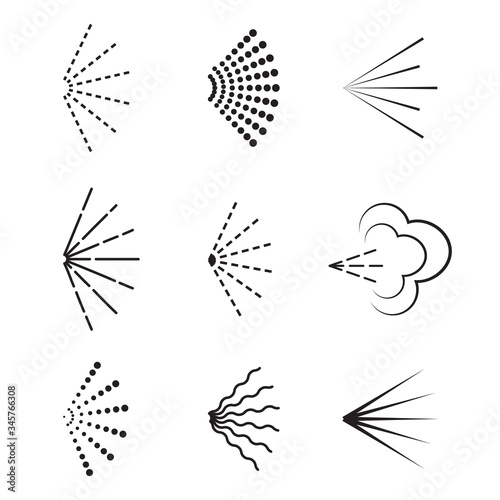 Vector spray icon. Set of deodorant or aerosol spray on isolated background. Aromatic stream from bottle. Air sprayer logo for hair. Perfume fragrance. Lines rays from diffuser