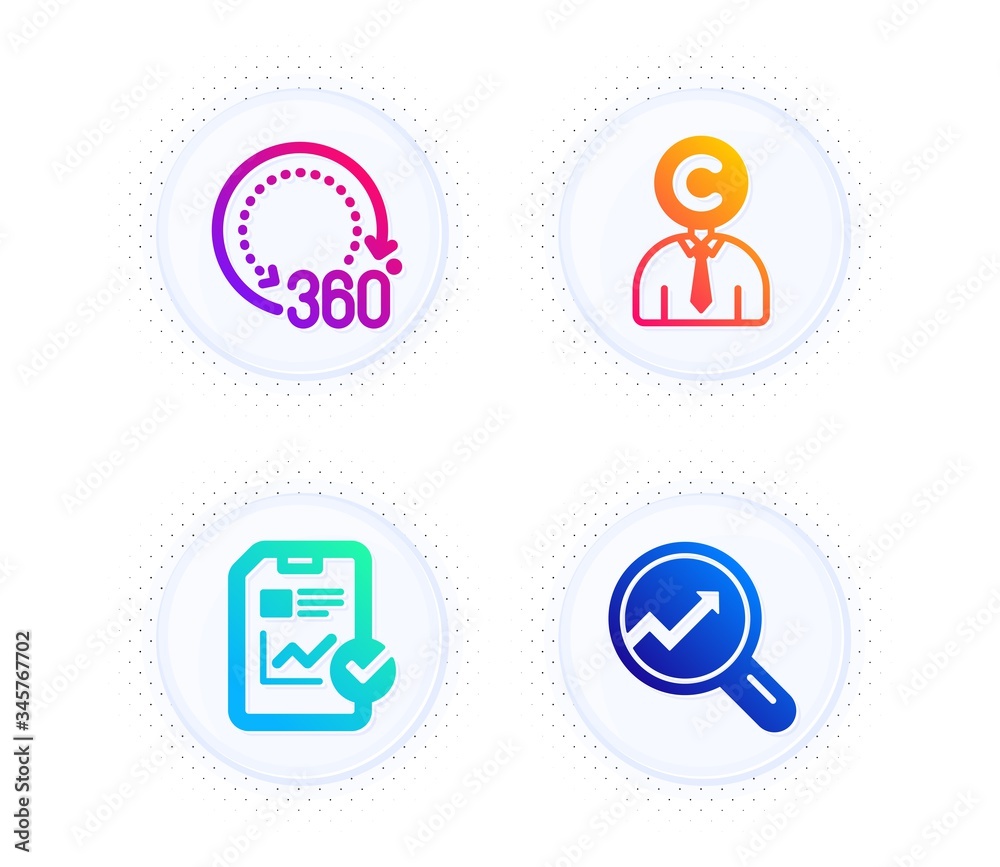 Copyrighter, Report checklist and 360 degrees icons simple set. Button with halftone dots. Analytics sign. Writer person, Sales growth file, Panoramic view. Audit analysis. Science set. Vector Copyrighter, Report checklist and 360 degrees icons simple set. Button with halftone dots. Analytics sign. Writer person, Sales growth file, Panoramic view. Audit analysis. Science set. Vector