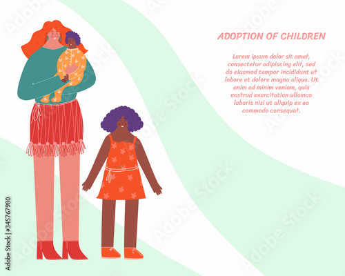Adoption of children. International family. The woman adopted children. Vector illustration with place for your text.