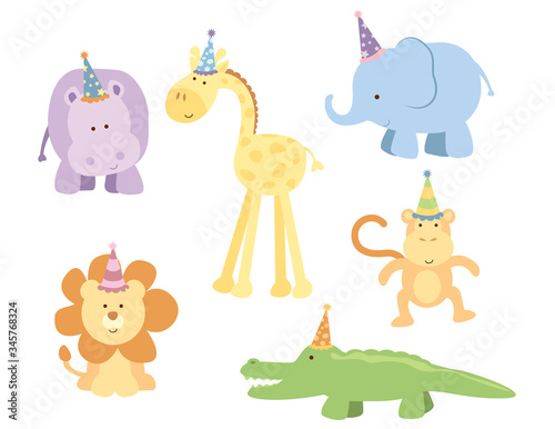 A vector illustration of six cute safari animals wearing birthday party hats: a hippo, giraffe, elephant, lion, monkey, crocodile