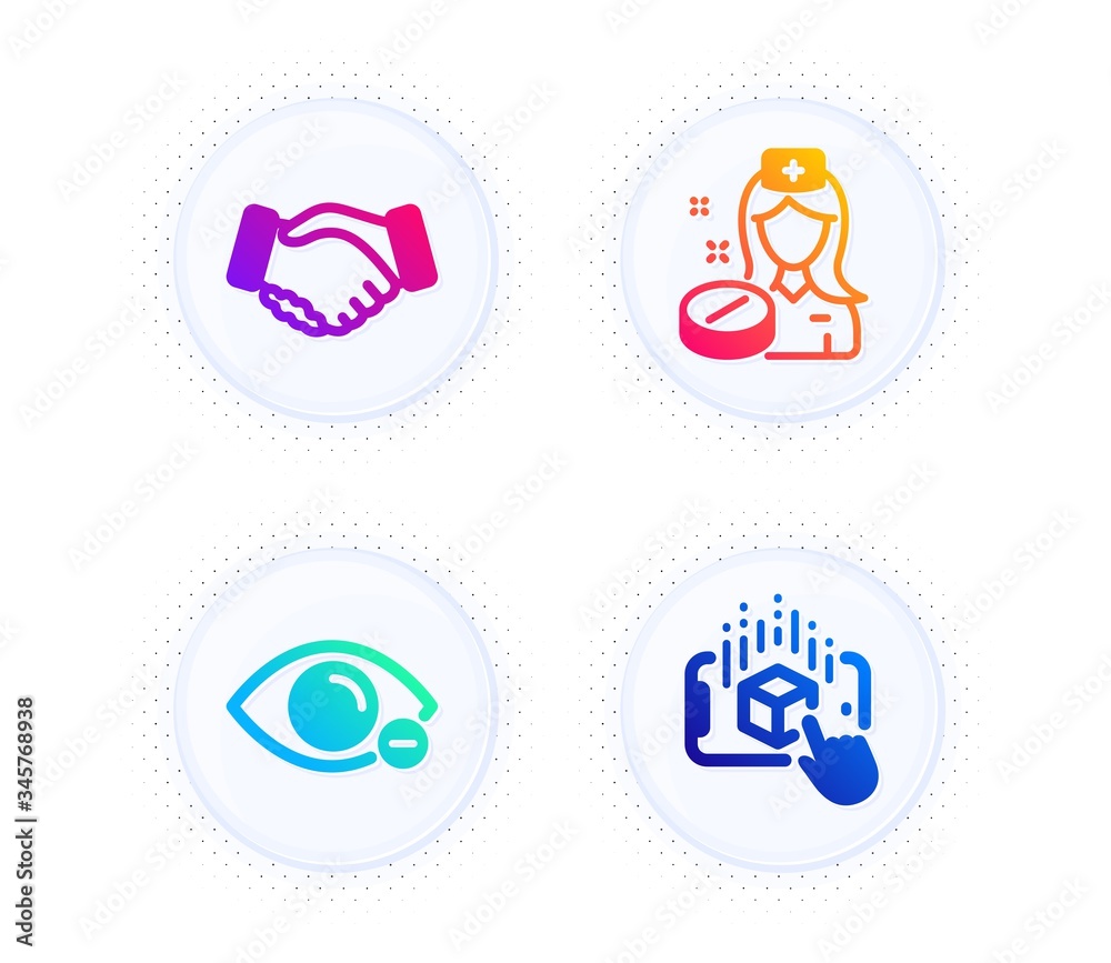 Nurse, Handshake and Myopia icons simple set. Button with halftone dots. Augmented reality sign. Medicine pill, Deal hand, Eye vision. Phone simulation. People set. Gradient flat nurse icon. Vector Nurse, Handshake and Myopia icons simple set. Button with halftone dots. Augmented reality sign. Medicine pill, Deal hand, Eye vision. Phone simulation. People set. Gradient flat nurse icon. Vector