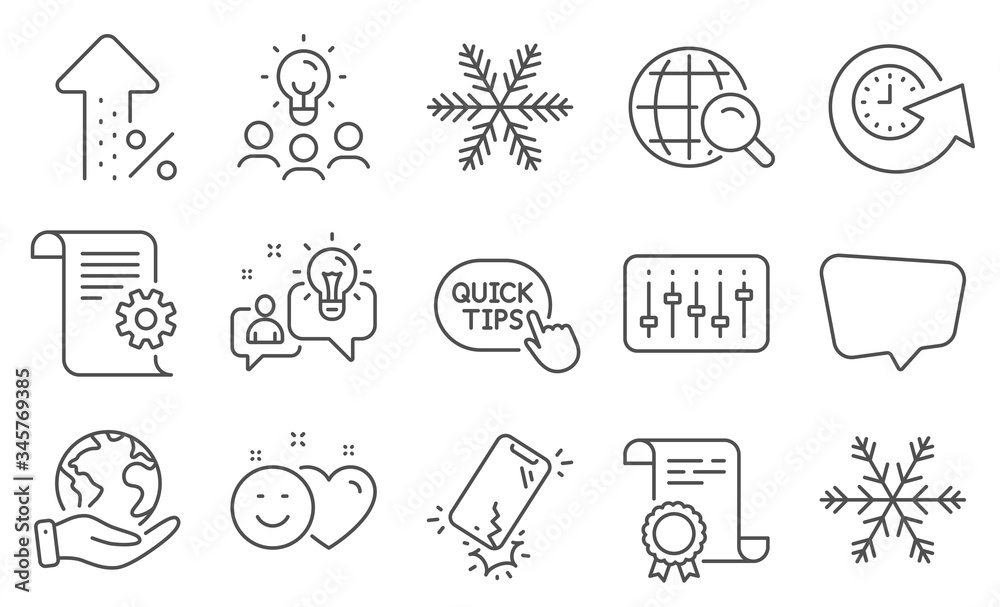Set of Technology icons, such as Quick tips, Technical documentation. Diploma, ideas, save planet. Smartphone broken, Update time, Idea. Smile, Increasing percent, Internet search. Vector