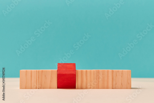 Fototapeta Naklejka Na Ścianę i Meble -  Wooden cubes mockup, copy space. Blank uncolored blocks in line, one red inverted brick. Template for business design