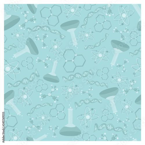 A vector illustration of a seamless repeating background with science equipment and symbols