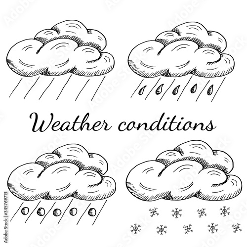 Set of weather conditions - rain, downpour, hail, snow. Clouds with rainfall isolated on white. Hand drawn vector illustration in sketch realistic style. Concept of forecast, predictions, icons.