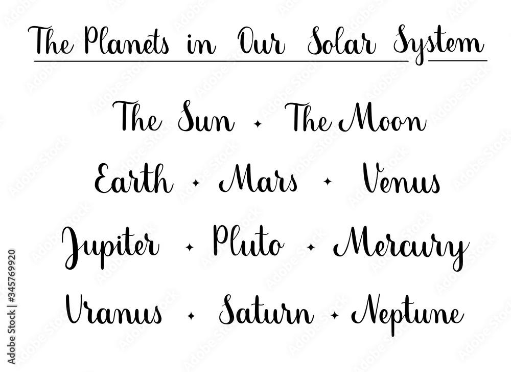 The planets in our solar system. Hand written names of planet. Black vector text elements on white background. Brush calligraphy style