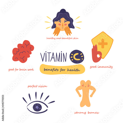 Vitamin C health benefits. Vector illustration.