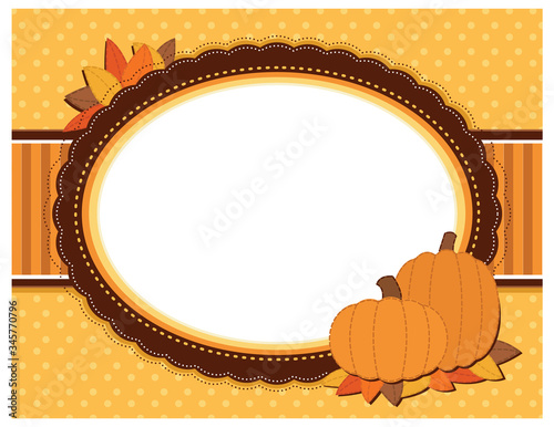 A vector illustration of a scrapbook style fall frame background with pumpkins and autumn leaves