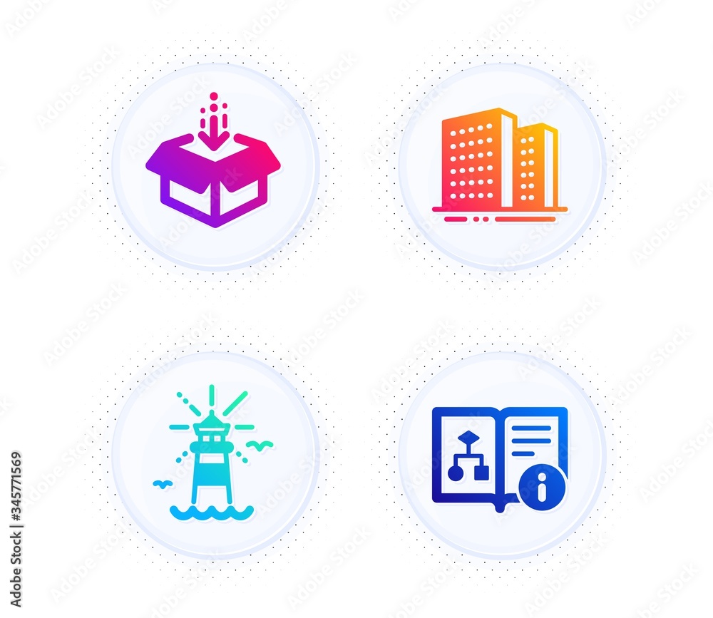 Lighthouse, Get box and Buildings icons simple set. Button with halftone dots. Technical algorithm sign. Navigation beacon, Send package, Town apartments. Project doc. Industrial set. Vector Lighthouse, Get box and Buildings icons simple set. Button with halftone dots. Technical algorithm sign. Navigation beacon, Send package, Town apartments. Project doc. Industrial set. Vector