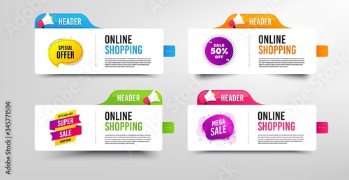 Special offer  50  discount and mega sale. Megaphone promotional banner. Discount banner with speech bubble. Up to 60  off badge. Online shopping template with loudspeaker. Vector