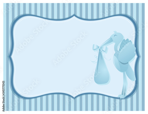 A vector illustration of a blank blue striped invitation background with a stork carrying a sack with a baby inside