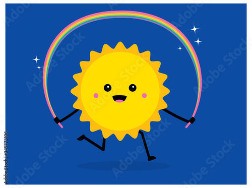 A vector illustration of a cute happy sun using a rainbow as a jump rope