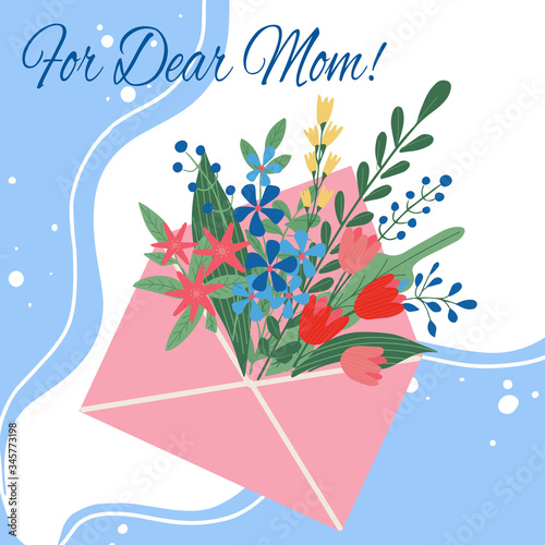Happy mothers day! Vector illustration for a cover, poster or card for the moms holiday. Drawing of flower envelope, a holiday gift