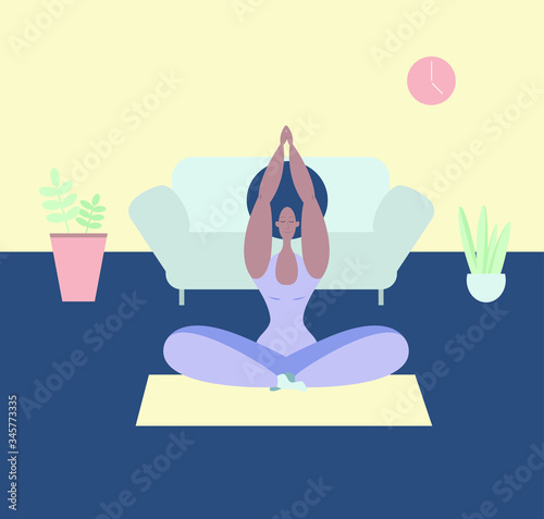 A black woman meditates. A black woman meditates in the Lotus position. Yoga classes at home. Maintaining psychological health. Psychological balance. The positivity of the body.