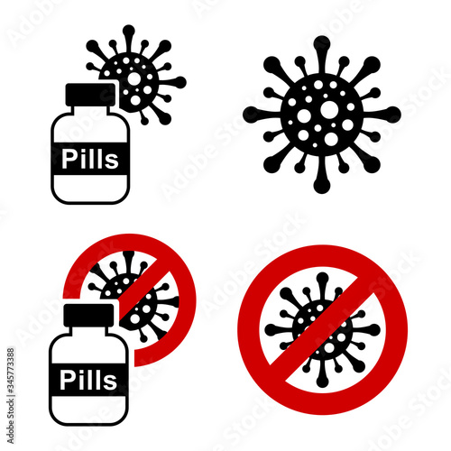 Coronavirus treatment icons isolated on white background. Vector illustration of pills, medicines and virus. Prohibition sign of Covid-19. Health care and pharmacy business.