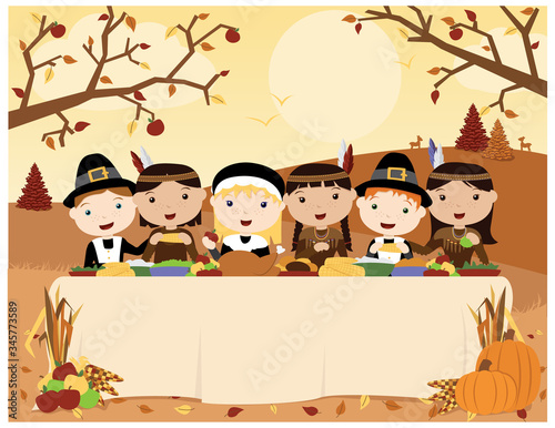 A vector illustration of a scene of the first Thanksgiving celebration with cute Pilgrims and Native Americans sharing dinner at an outdoor table in a fall landscape