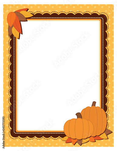A vector illustration of a cute scrapbook style fall frame with empty space and pumpkins and fall leaves
