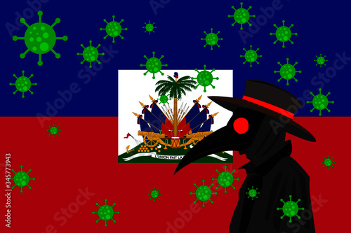 Black plague doctor surrounded by viruses with copy space with HAITI flag.