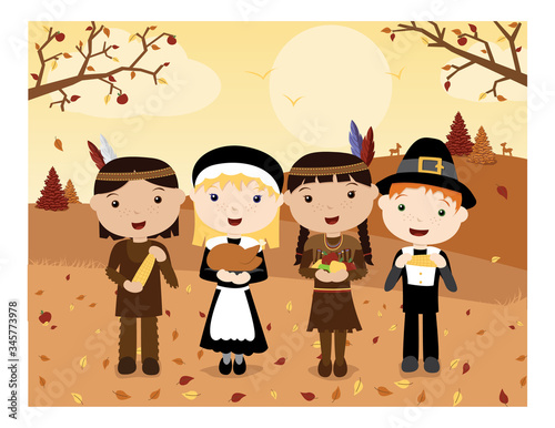 A vector illustration of two cute Pilgrims and two cute Native Americans sharing food for the first Thanksgiving