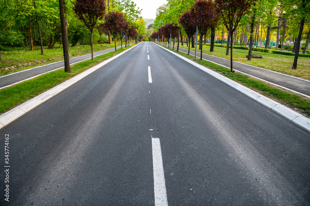 Black asphalt road and white dividing lines Black asphalt road and white dividing lines