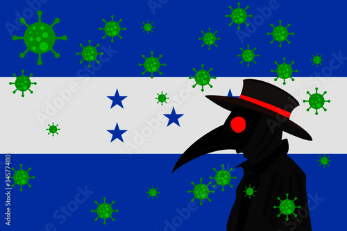 Black plague doctor surrounded by viruses with copy space with HONDURAS flag.