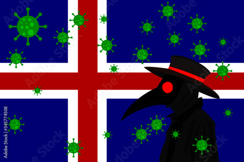 Black plague doctor surrounded by viruses with copy space with ICELAND flag.