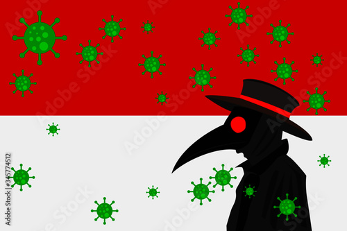 Black plague doctor surrounded by viruses with copy space with INDONESIA flag.