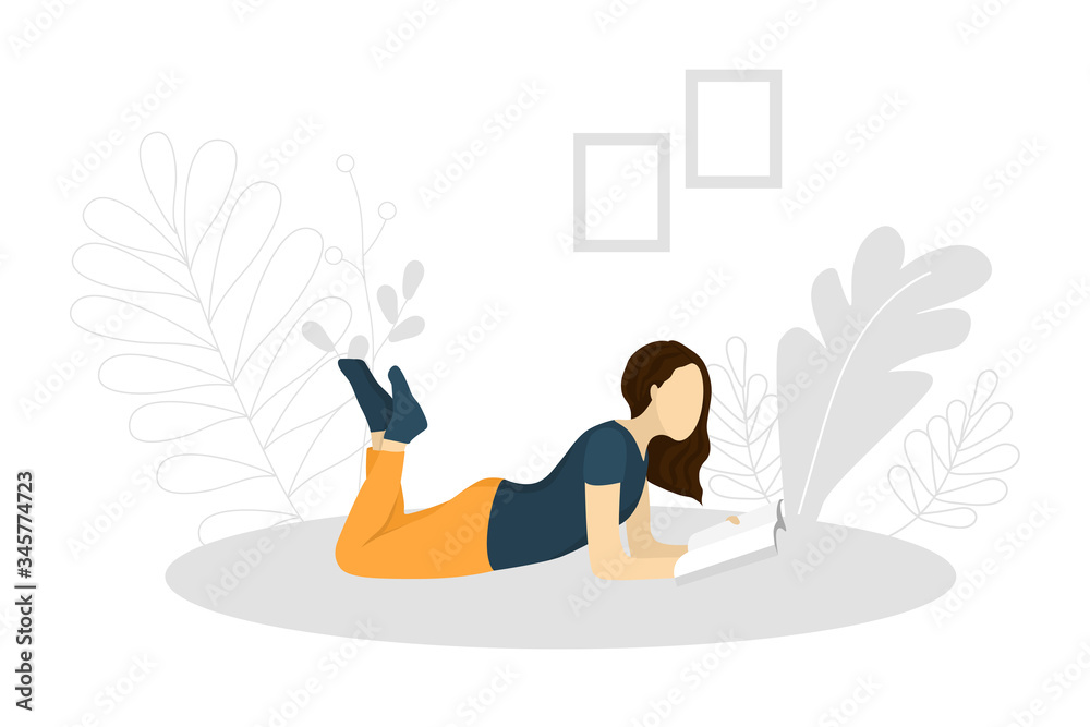 Vector illustration with a girl lying on a floor and reading book. Girl ...