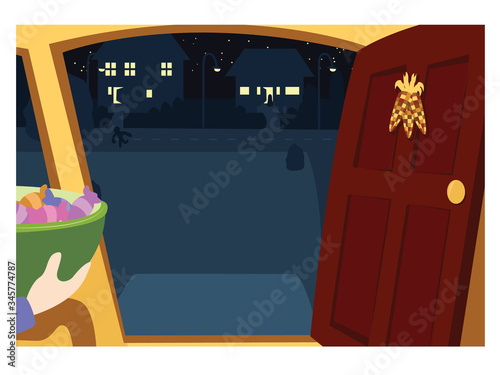 A vector illustration of an empty front doorway background on Halloween and hands holding a bowl of candy