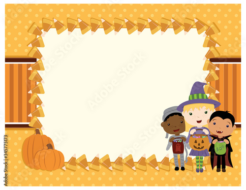 A vector illustration frame background with three cute kids in costumes trick or treating and pumpkins and candy corn