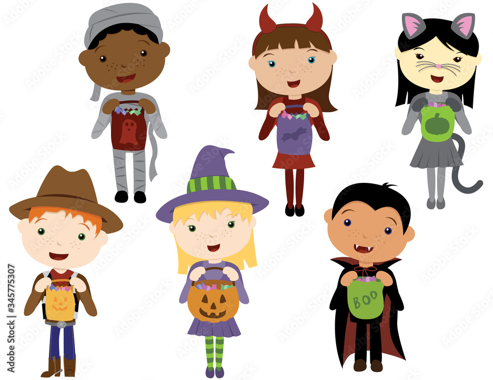 A vector illustration of six isolated diverse kids in Halloween costumes trick-or-treating A vector illustration of six isolated diverse kids in Halloween costumes trick-or-treating