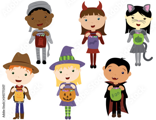 A vector illustration of six isolated diverse kids in Halloween costumes trick-or-treating