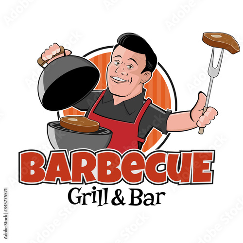 retro cartoon logo of a handsome man with barbecue grill and steak