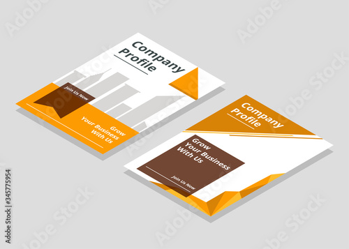 Abstract Business Company Profile Cover Isometric Mock Up Template with Orange Polygonal Shapes Design