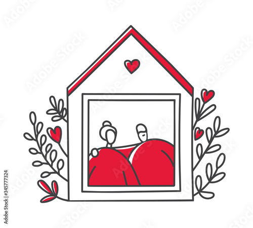 Vector line illustration Stay home. Cute house with flowers and a senior couple. Grandparents staying at home in the quarantine period. Self-isolation for elderly people during Coronavirus outbreak.