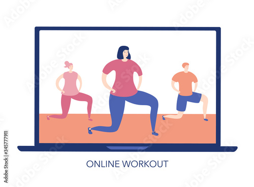 Online fitness training. People working out together. Group fitness training. Young women and a man making lunge exercise. Fitness class with an instructor. Vector flat illustration. 