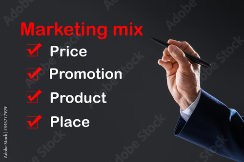 Marketing mix concept. Businessman demonstrating 4P principles, closeup